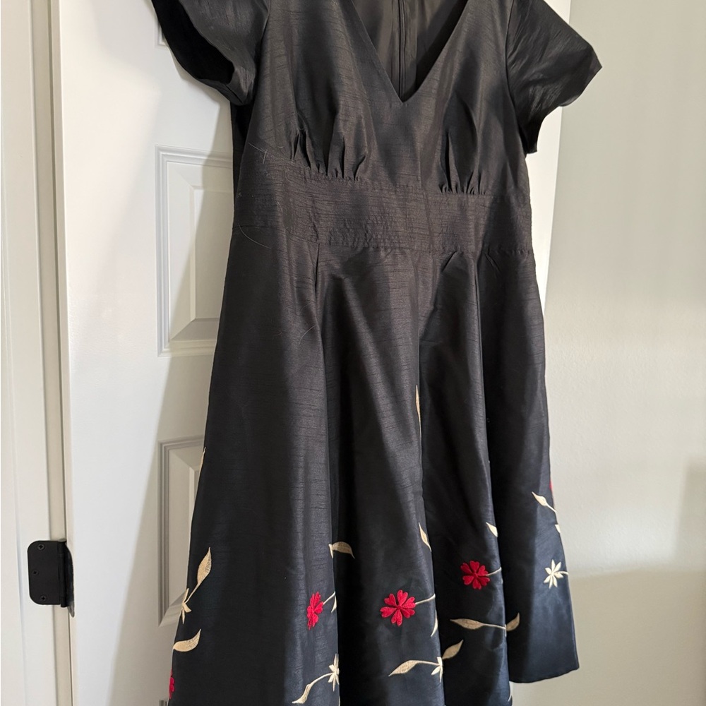 eShakti Black Tea-length Dress with Red Floral Embroidery